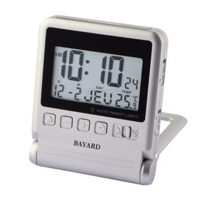 Réveil de voyage radio‑piloté Bayard argenté – digital silencieux avec éclairage par capteur